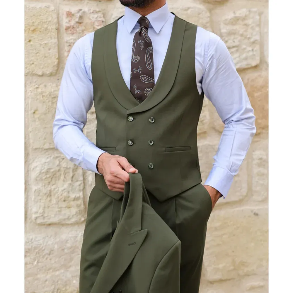 Wiaofellas  -  Elegant Army Green Men Suits Three Piece Chic Peak Lapel Single Breasted Clothing Business Casual Office Slim Wedding Tuxedo