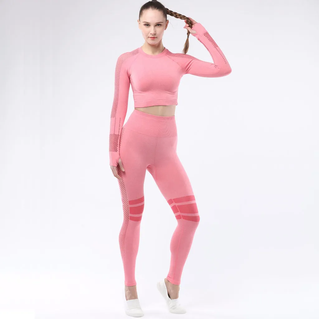 Women's Sportwear Workout Sets  two Piece Outfits Seamless High Waist Yoga Leggings Long Sleeve Gym Clothes