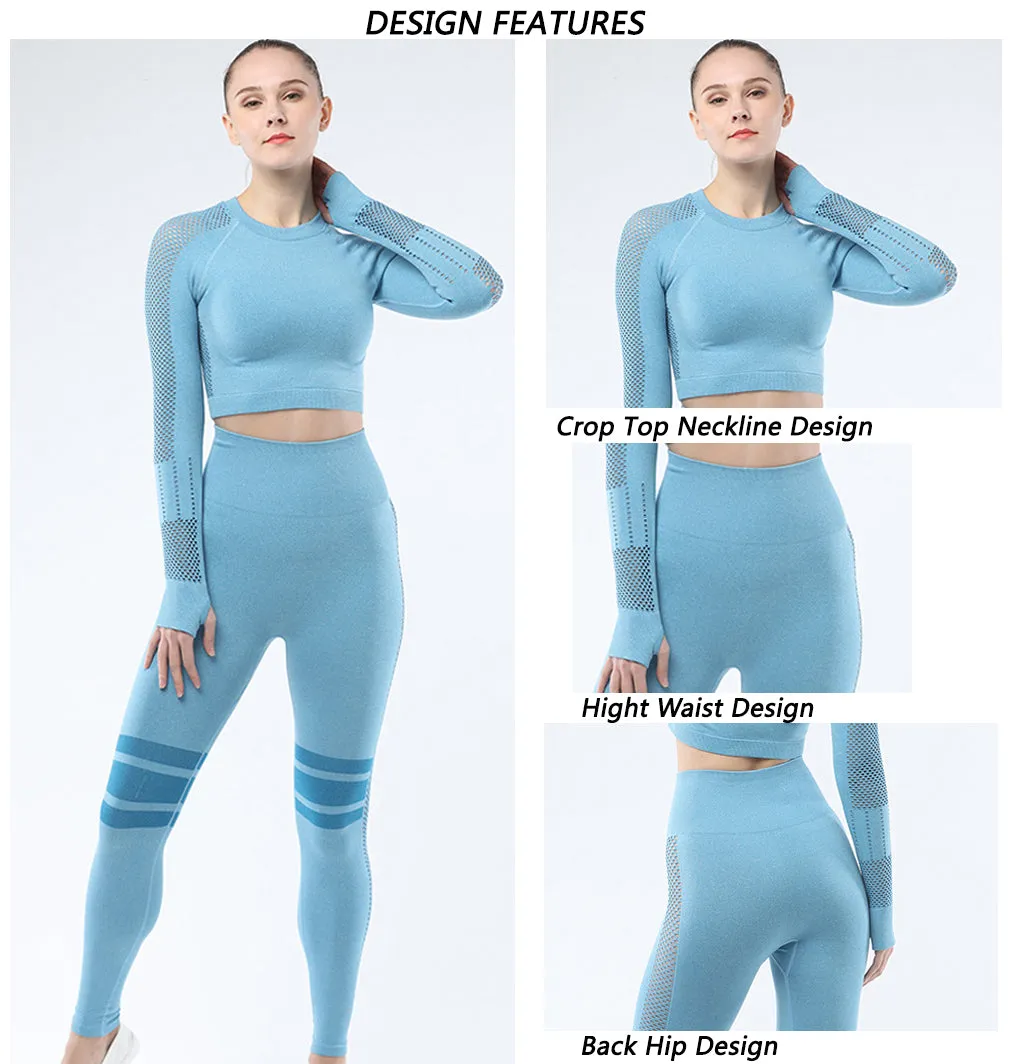 Women's Sportwear Workout Sets  two Piece Outfits Seamless High Waist Yoga Leggings Long Sleeve Gym Clothes