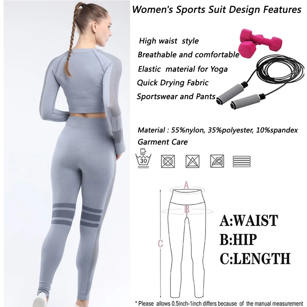 Women's Sportwear Workout Sets  two Piece Outfits Seamless High Waist Yoga Leggings Long Sleeve Gym Clothes