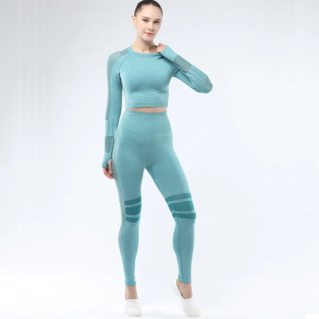 Women's Sportwear Workout Sets  two Piece Outfits Seamless High Waist Yoga Leggings Long Sleeve Gym Clothes