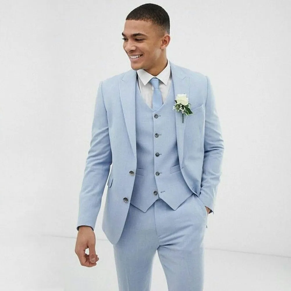 xiangtuibao Light Blue Wedding Men Suits Slim Fit Linen Tuxedos Groom Wear Terno 3 Pieces(Jacket Pants Vest) Bridegroom Blazer Costume Homme