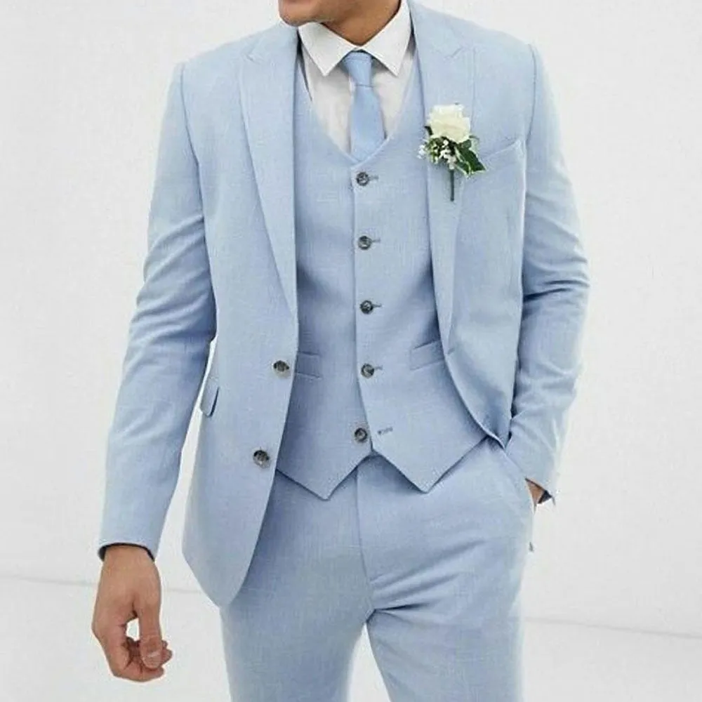 xiangtuibao Light Blue Wedding Men Suits Slim Fit Linen Tuxedos Groom Wear Terno 3 Pieces(Jacket Pants Vest) Bridegroom Blazer Costume Homme