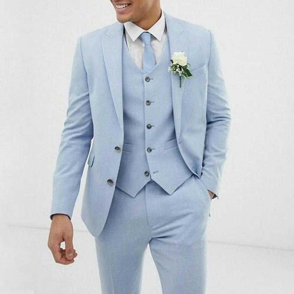 xiangtuibao Light Blue Wedding Men Suits Slim Fit Linen Tuxedos Groom Wear Terno 3 Pieces(Jacket Pants Vest) Bridegroom Blazer Costume Homme